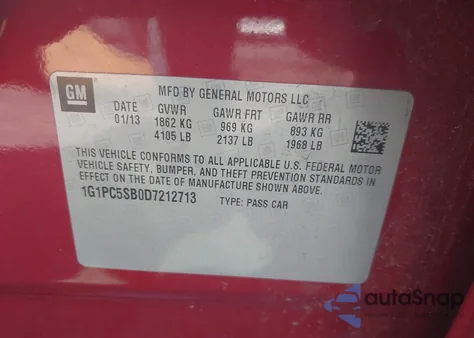 2013 Chevrolet Cruze 1Lt Auto из США, поврежденный, VIN 1G1PC5SB0D7212713